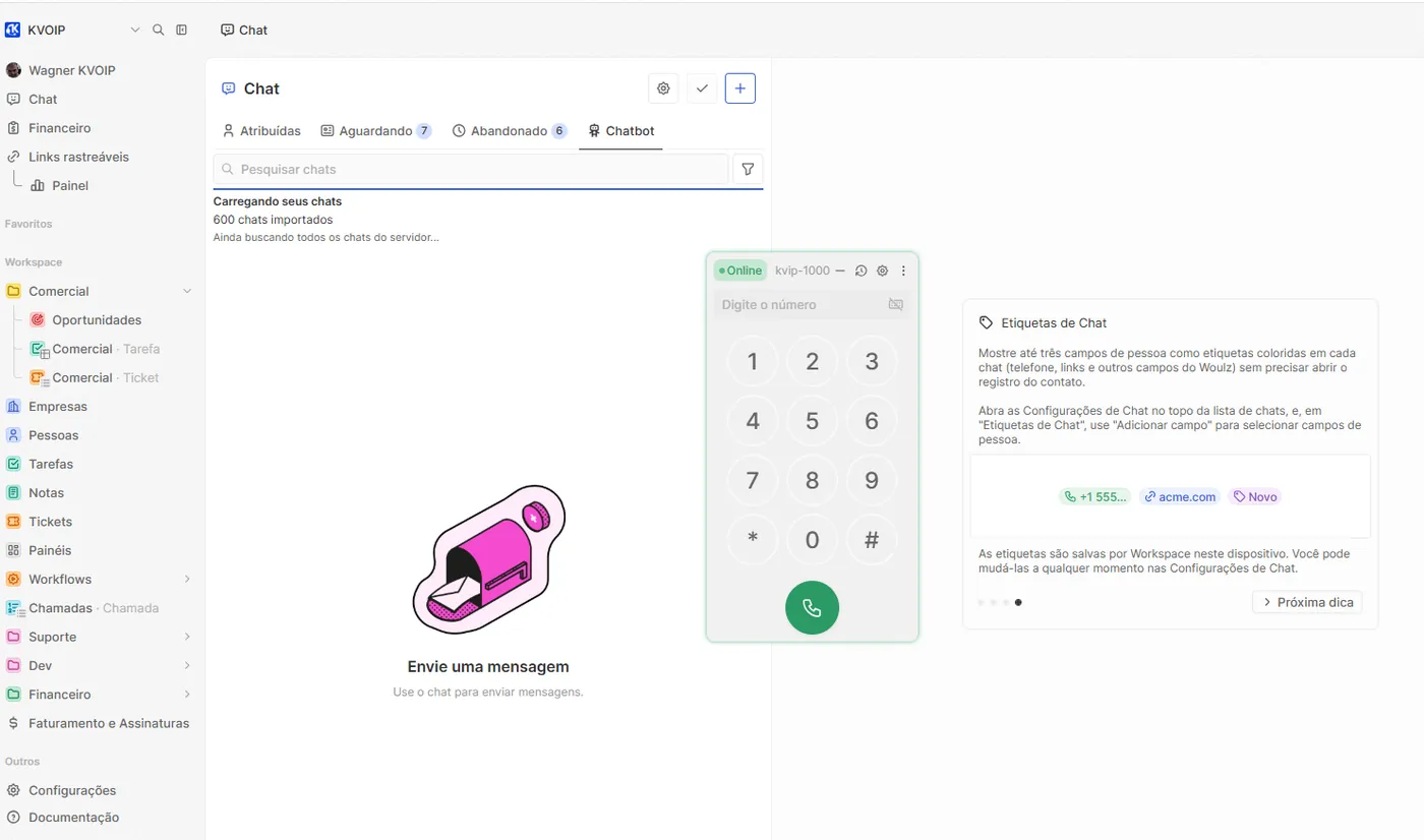 Softphone web do PABX Online aberto dentro do Woulz CRM